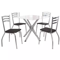 Sala de Jantar Completa Volga c/ Tampo de Vidro 90x90cm e 4 Cadeiras Portugal Cromada/Preto 110 - Kappesberg