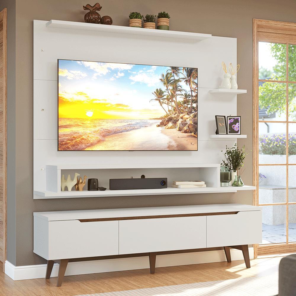 Rack com Painel para TV até 60 Polegadas 180 cm com Pés Branco/Rustic Reims Madesa