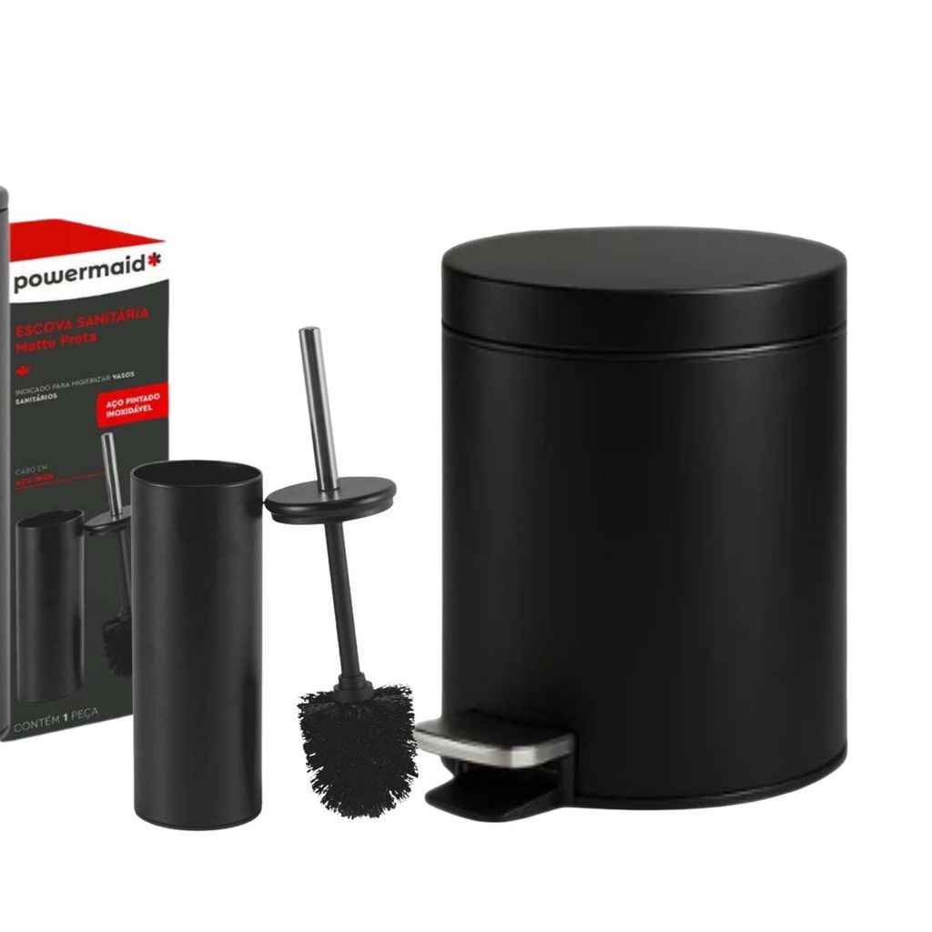 Kit Lixeira Matte 3 L Preto Inox  + Escova Sanitária em Inox Banheiro 