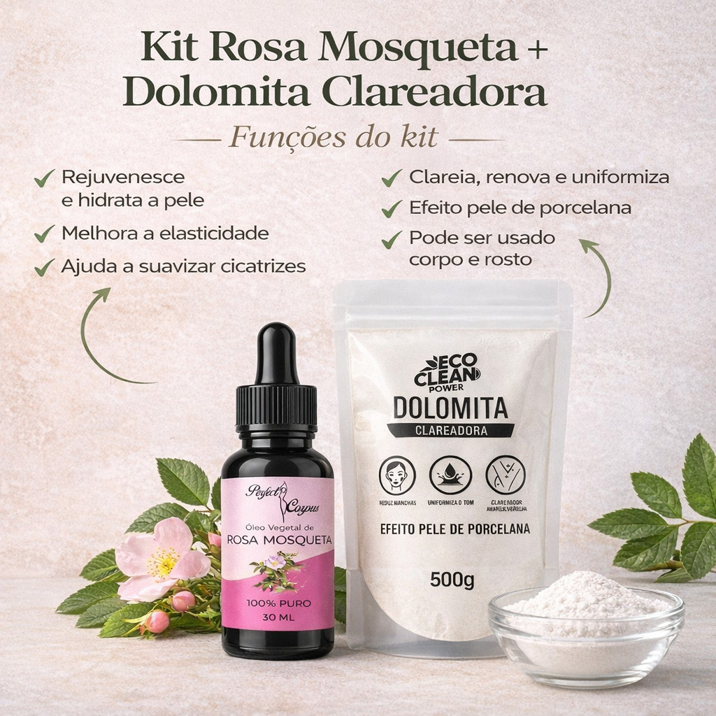 Óleo Vegetal De Rosa Mosqueta 100% Natural 30ml + Dolomita Clareadora 500g em Oferta na Shopee