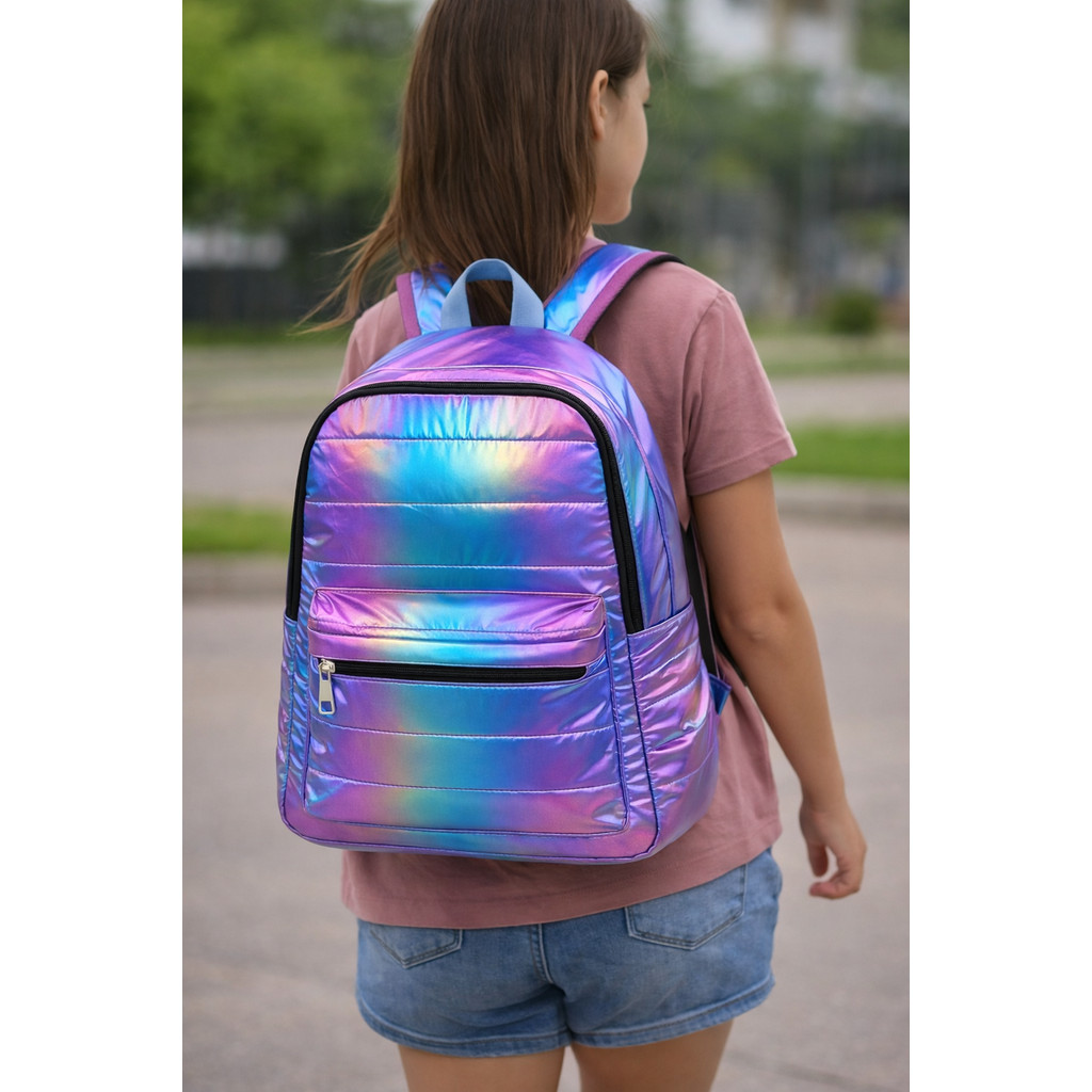 ✨ Mochila Holográfica Metalizada Feminina Escolar Tendência Viral TikTok