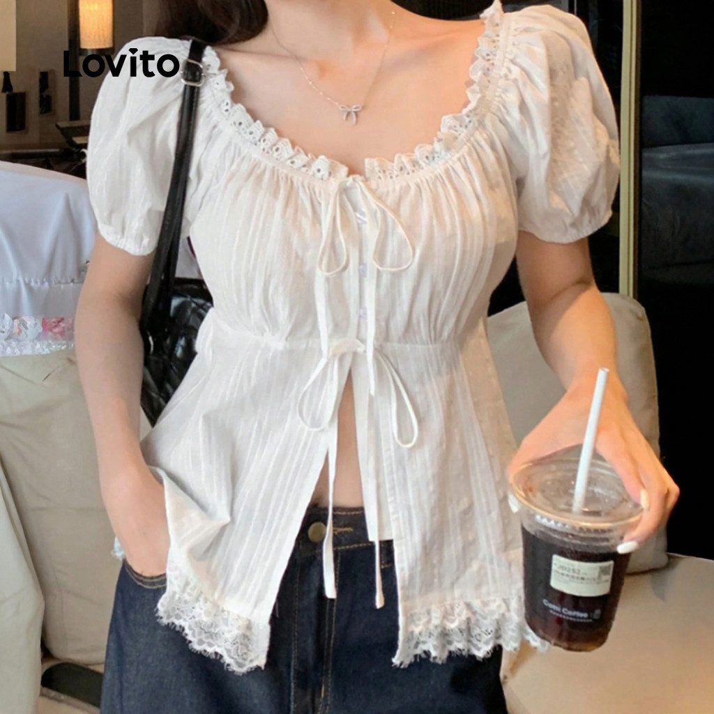 Lovito Blusa Casual com Laço Primavera/verão Blusa Branca para Mulheres LK2AD431 em Oferta na Shopee