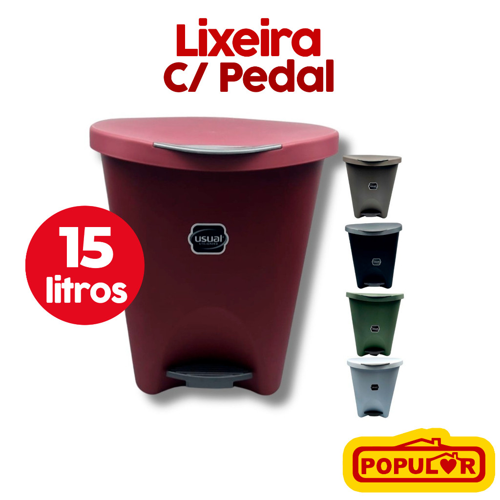 Lixeira Grande Com Pedal Tampa 15 Litros Usual Cozinha Banheiro CORES