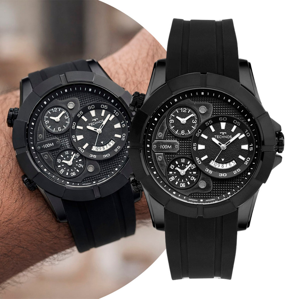 Relógio Masculino Preto de Pulso Caixa Aço Inoxidável Pulseira Silicone à Prova D' Água Robusto Grande Technos Original