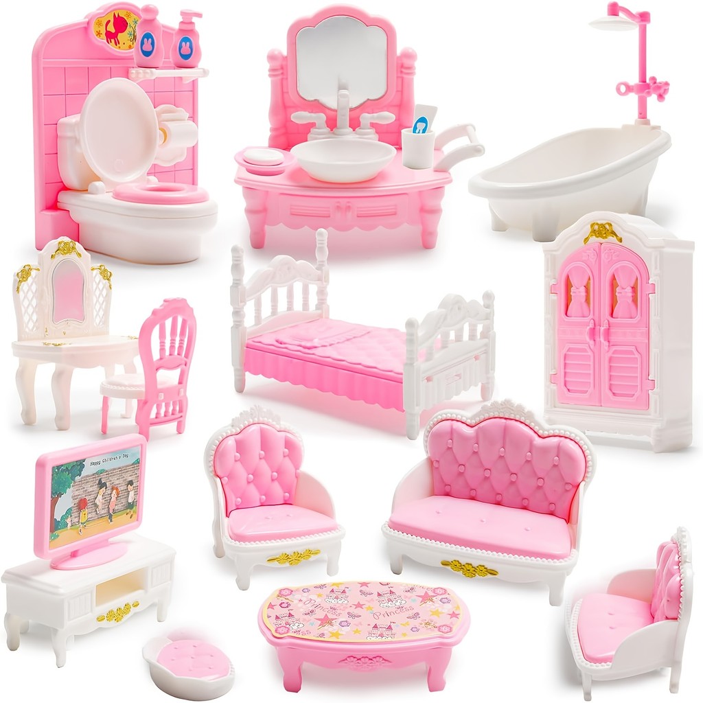 Conjunto De Móveis Rosa Em Miniatura Para Casas De Bonecas-Escala 1 : 12 , Banheiro , Sala De Estar E Quarto , Acessório em Oferta na Shopee