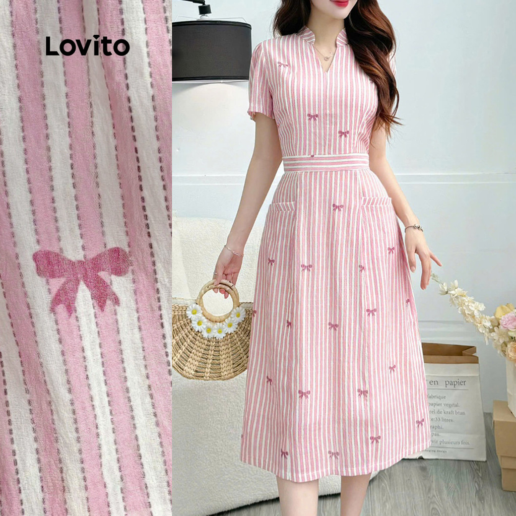 Lovito  Vestido Elegante Estrutura Linha Arco Listrado Primavera/verão para Mulheres L172ED761 em Oferta na Shopee