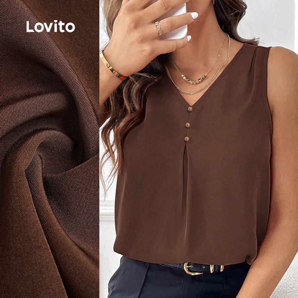 Lovito  Casual Top Button Pleated Primavera/verão Marrom Top para Mulheres. LBL32003 em Oferta na Shopee