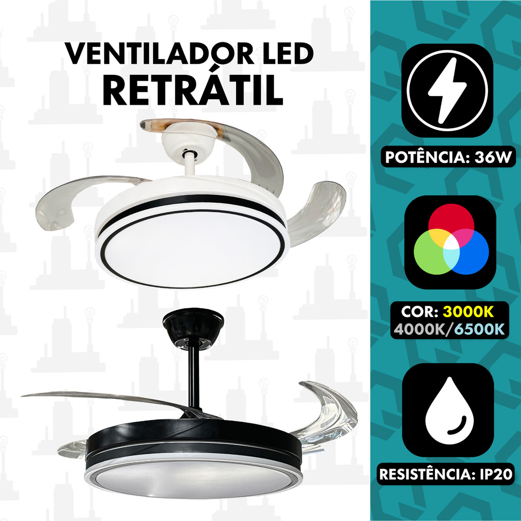 Ventilador de Teto Retrátil 36w Luminária led Controle Remoto Branco Preto Dourado 6 Velocidades 3 Cores TOP LIGHT
