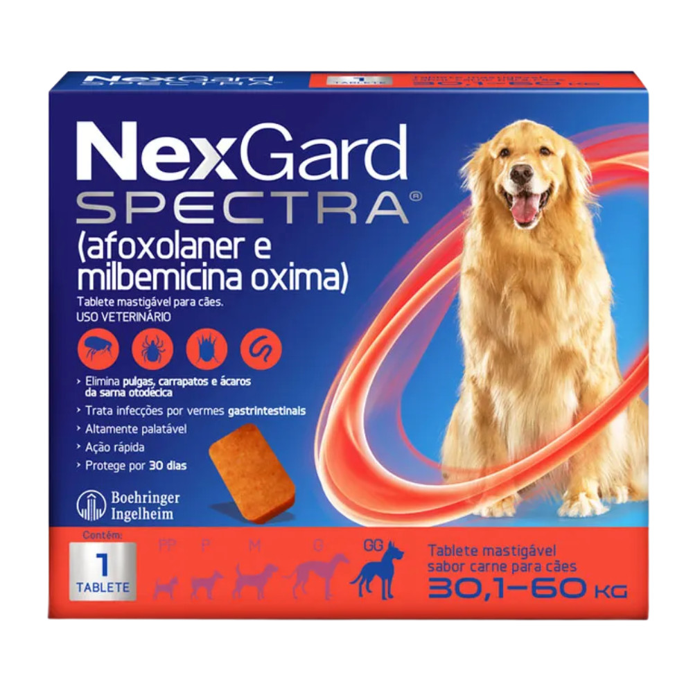 NexGard Spectra para Cães de 30,1 a 60kg Antipulgas e Carrapatos - 1 Tablete Mastigável sabor Carne