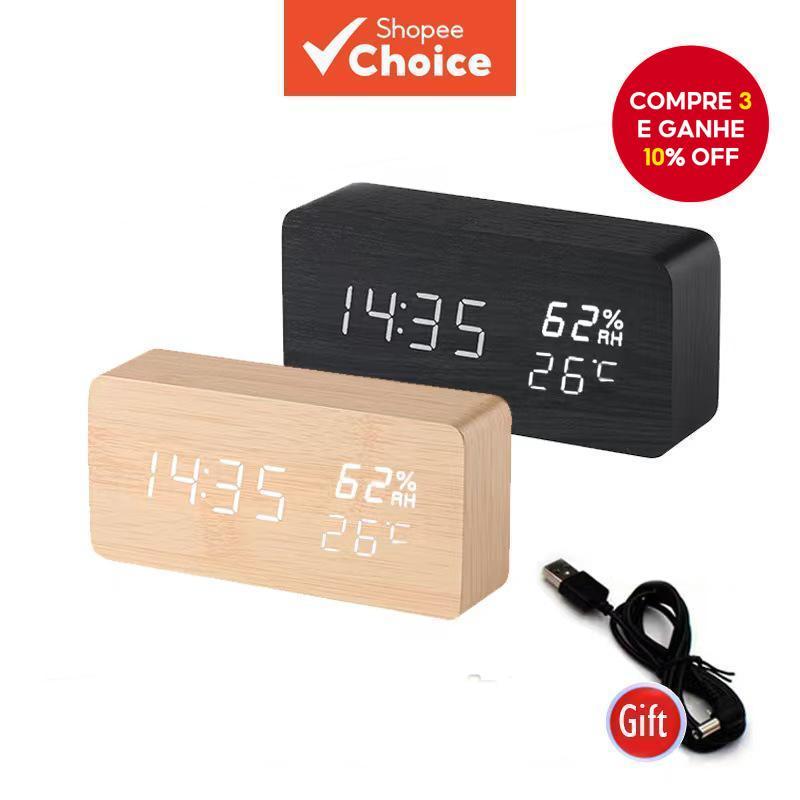 Despertador Digital LED De Madeira Da Moda-Exibição De Hora , Data E Temperatura em Oferta na Shopee