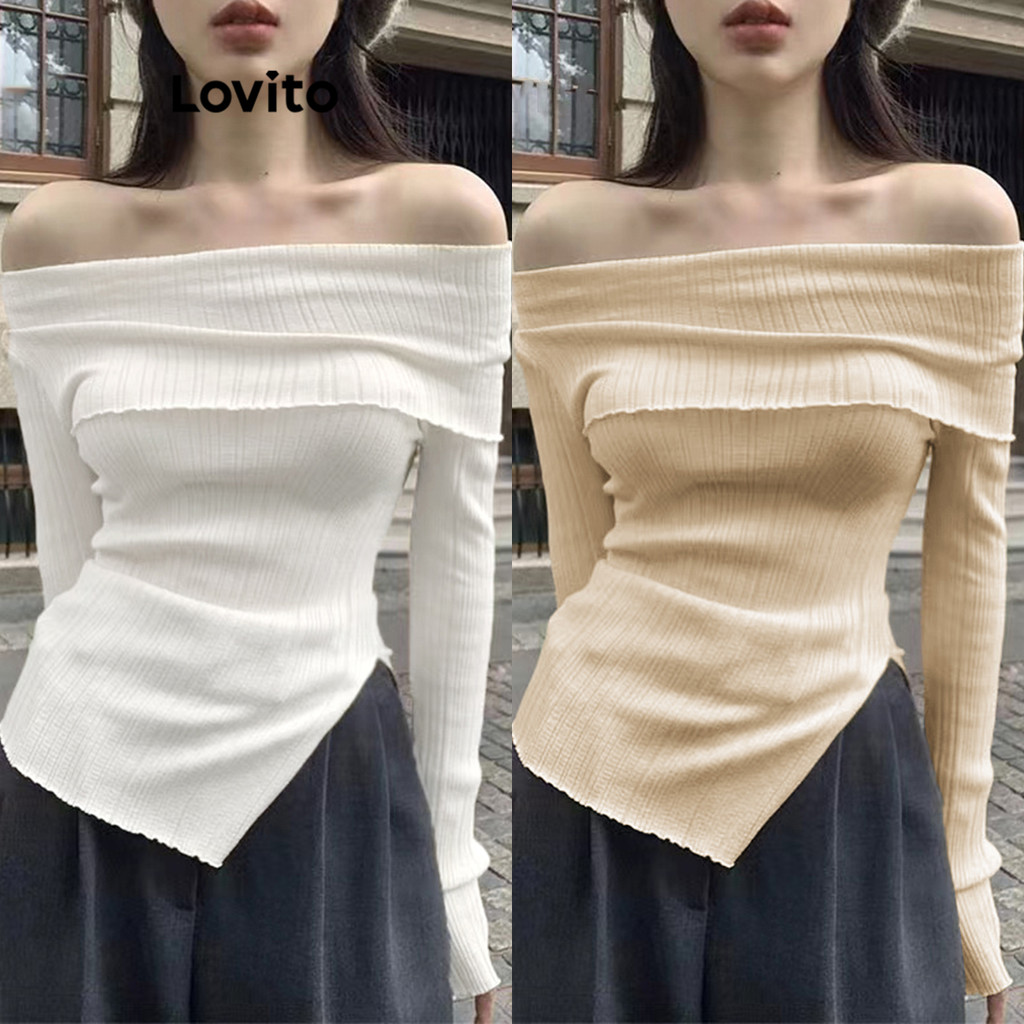 Lovito Blusa Casual Lisa Com Divisão Frontal E Ombro Frio Para Mulheres LNA30014 (Multicolorido) em Oferta na Shopee