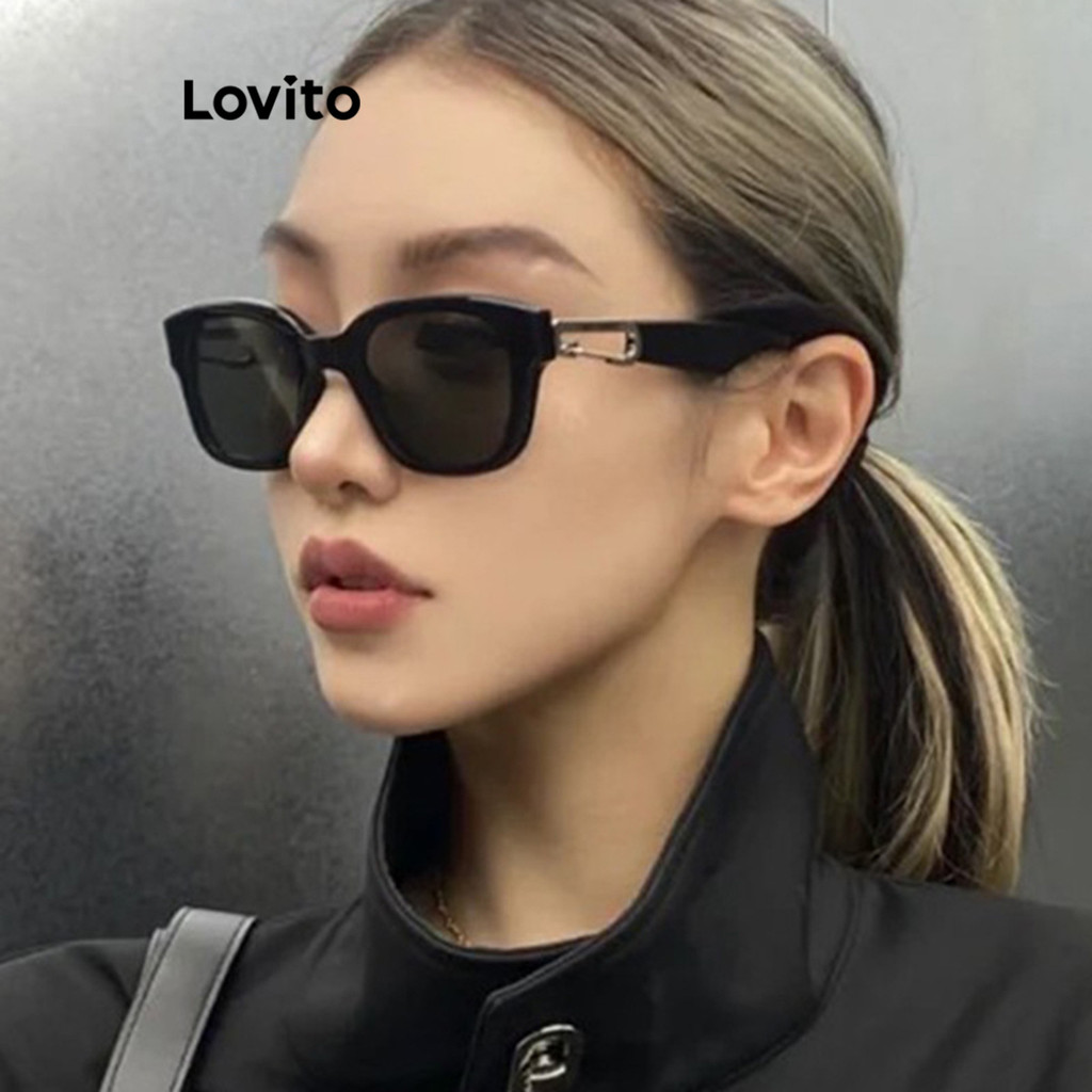 Lovito Óculos De Sol Casuais De Metal Liso Para Mulheres LFA08048 (Preto) em Oferta na Shopee