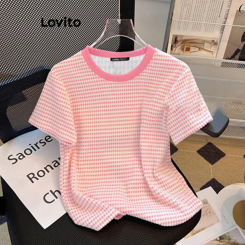Lovito Camiseta Casual Xadrez Colorblock Para Mulheres LNE70328 em Oferta na Shopee