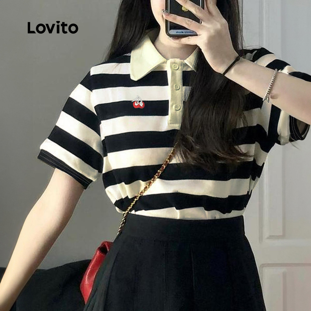Lovito Camiseta Casual Listrada Com Botões Para Mulheres LNE43269 em Oferta na Shopee