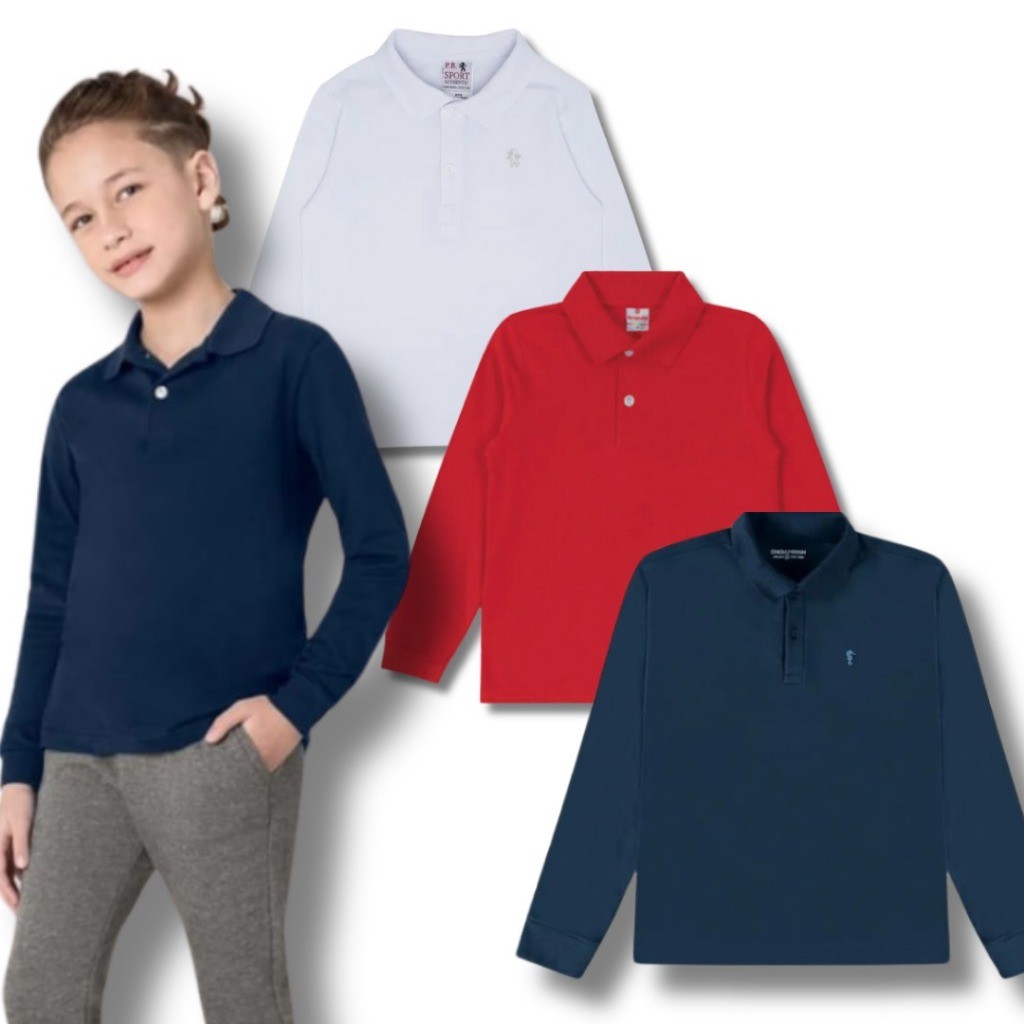 Kit c/ 5 Camiseta Polo Infantil e Juvenil Manga Longa 4 ao 14 — imagem 2 de 2