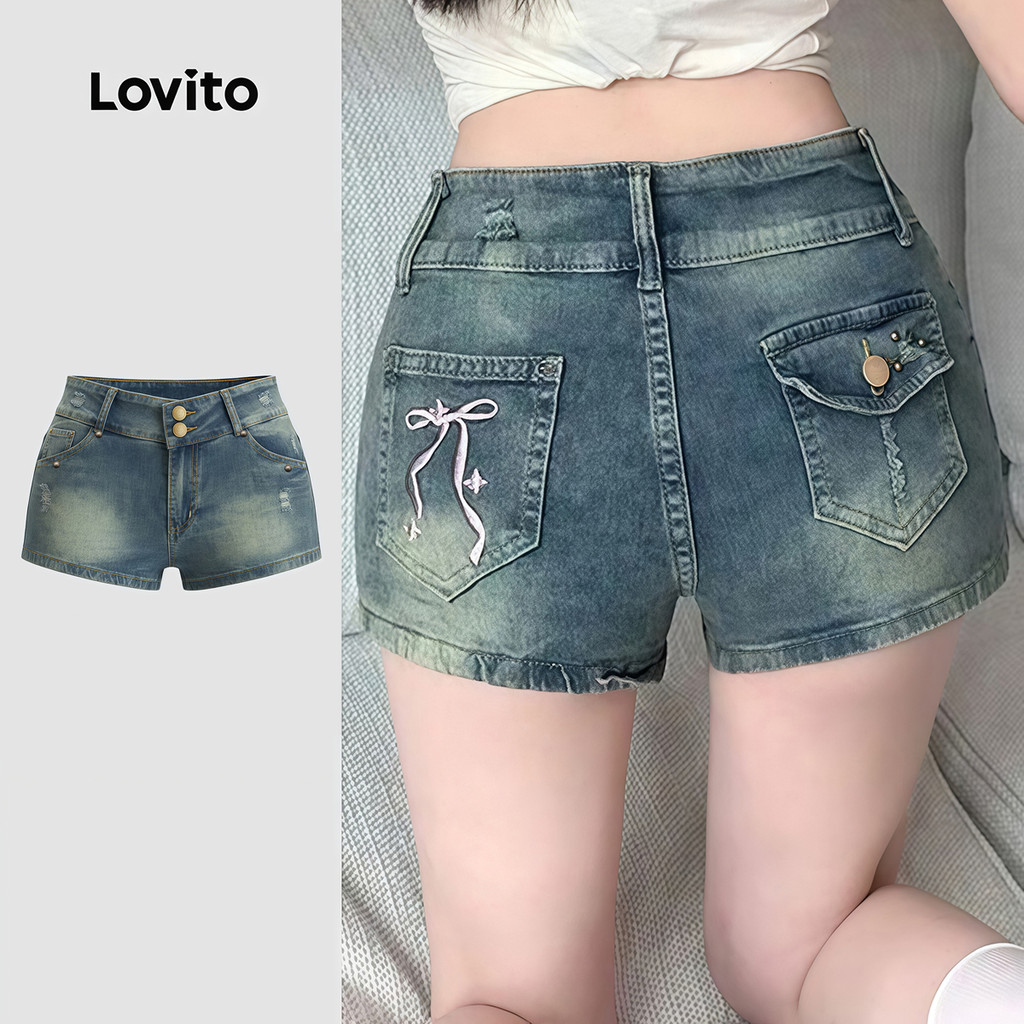 Lovito  Shorts de Ganga Casuais Lavados com Zíper para Primavera/verão Shorts de Ganga Azul para Mulheres LNE134066 em Oferta na Shopee