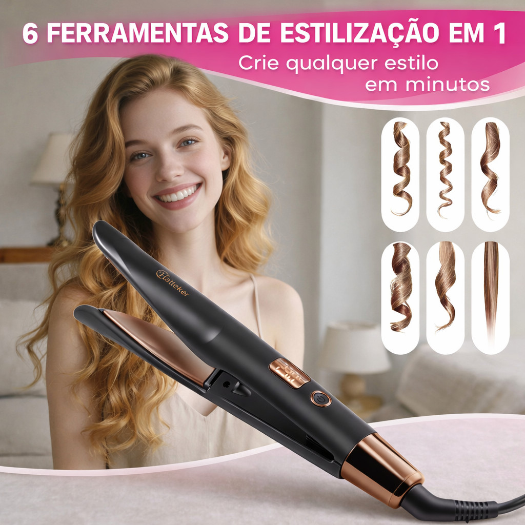 Prancha Alisadora e Modeladora de Cachos 2 em 1 Bivolt Hatteker Aquecimento rápido
