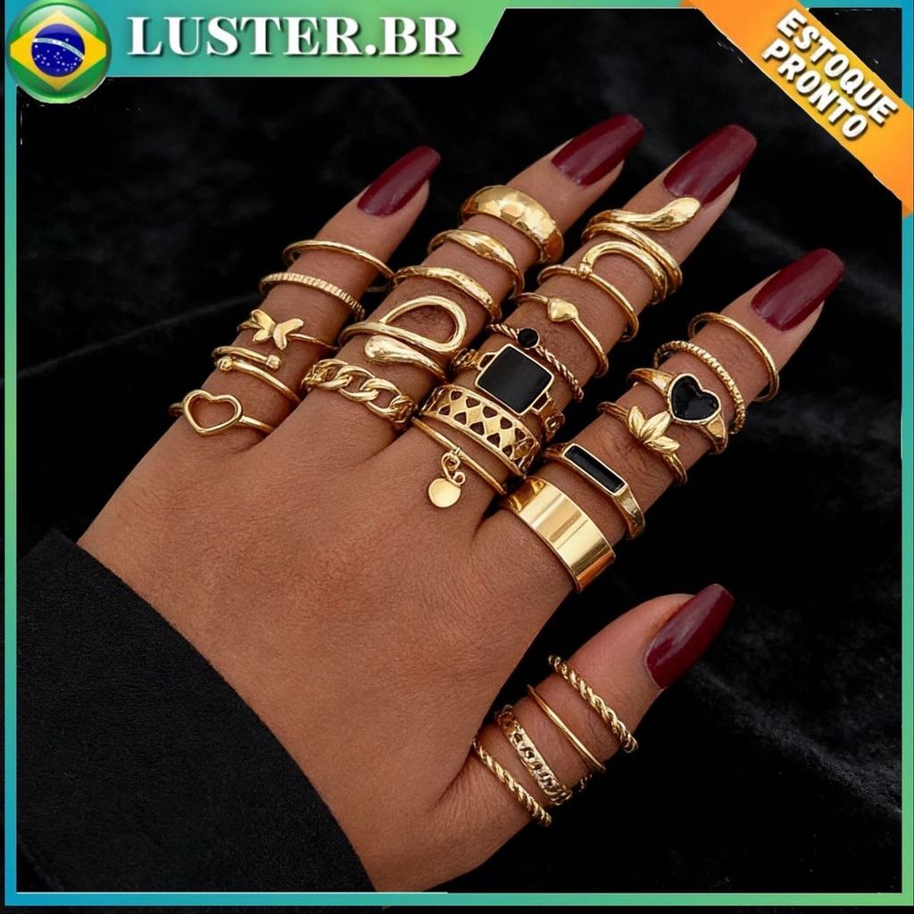 Conjunto de 27 anéis quadrados em forma de coração em epóxi dourado Conjunto de 27 peças femininas em forma de coração em Oferta na Shopee