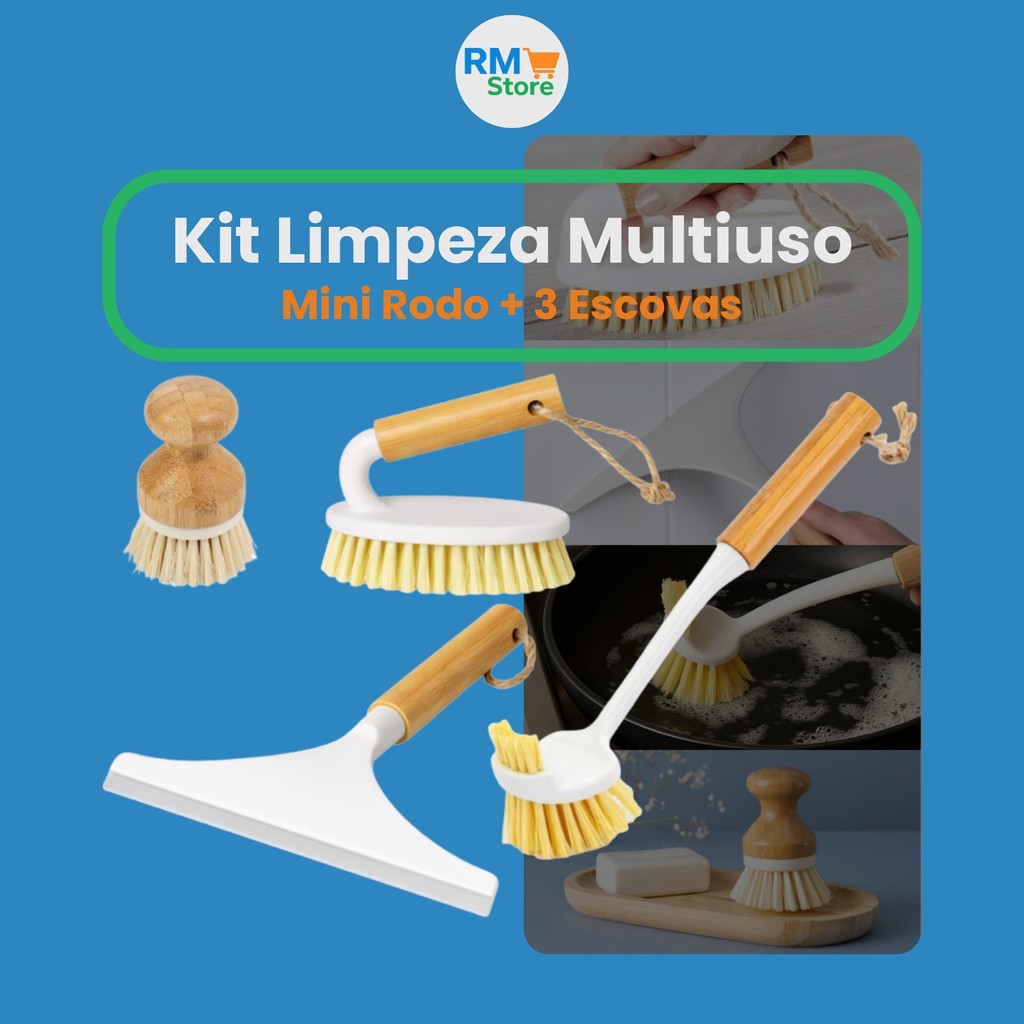 Kit Limpeza Banheiro e Cozinha: Rodo de Pia + 3 Escovas de Bambu Multiuso – Completo!