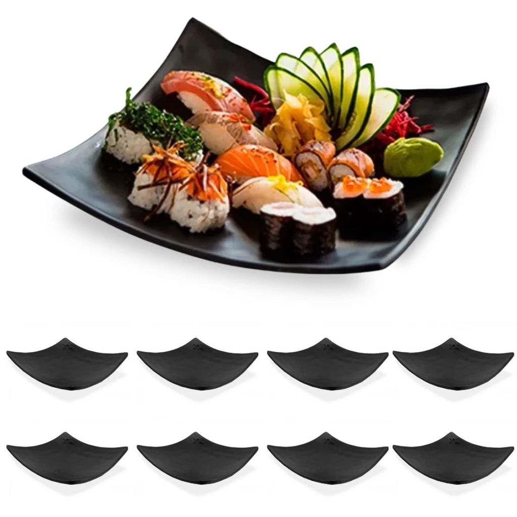 Conjunto 8 Pratos Quadrados Côncavo 15 Cm para Sushi em Melamina / Plástico Preto em Oferta na Shopee