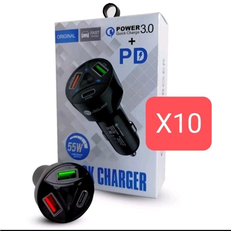 kit 10 Carregador  Turbo 55w  (USB + Tipo C) QC 3.0 PD Rápido Sortido Veicular Compativel