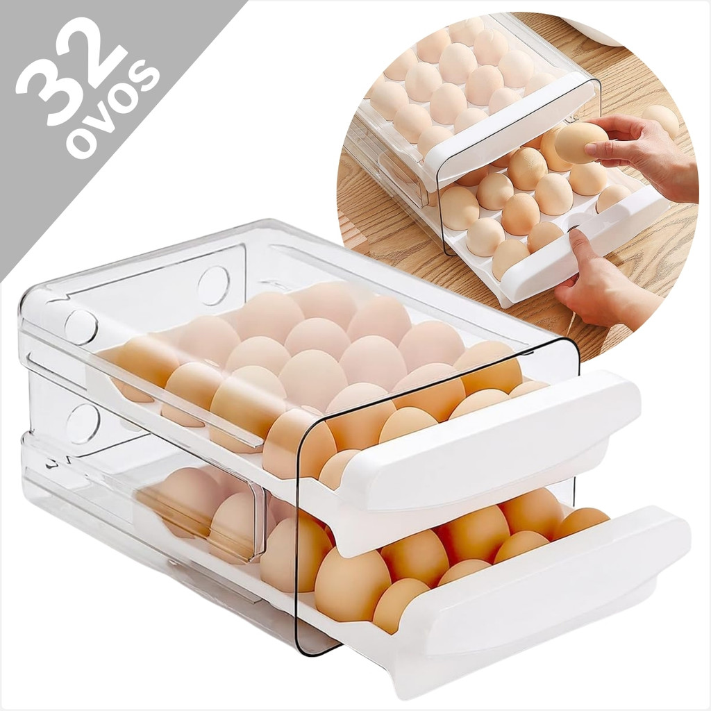 Organizador Porta Ovo Geladeira Gaveteiro 2 andares gaveta para 32 Ovos Transparente em Oferta na Shopee
