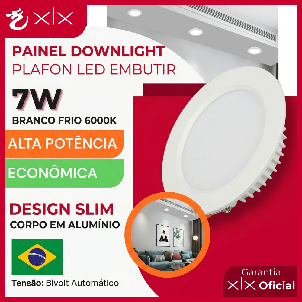 Painel Downlight/ Painel Plafon Led 7w Embutir 9cm x2,6cm x 7cm xlx Branco Frio 6000k