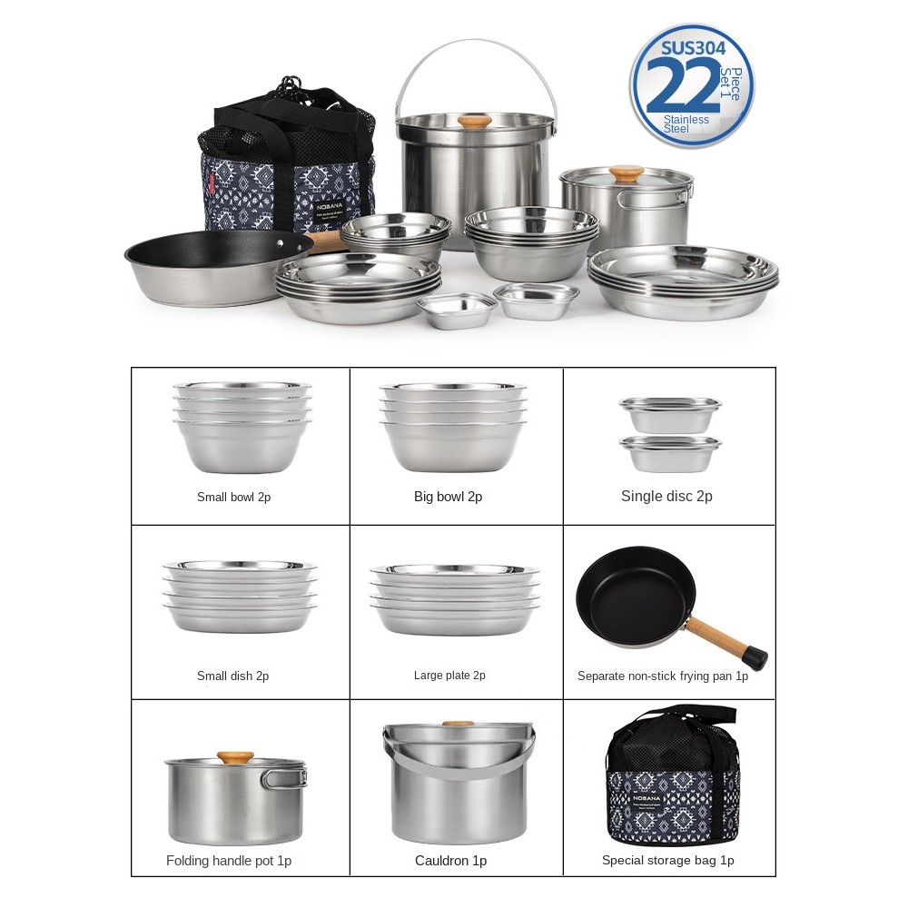 NOBANA conjunto de panela de acampamento portátil 304 aço inoxidável 22 peças conjunto auto-condução panelas de piqueniq