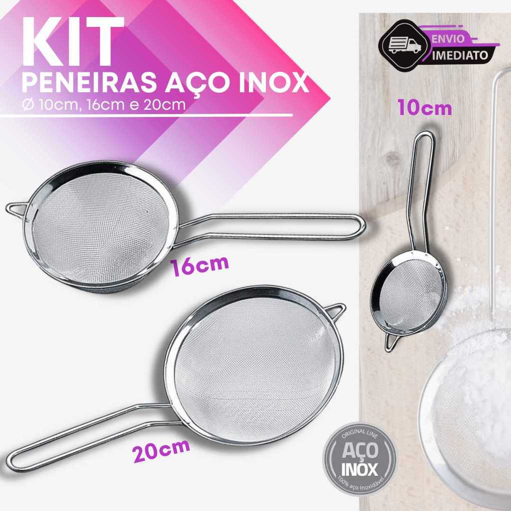 Jogo 3 Peneiras Inox 10cm 16cm 20cm Multiuso Cozinha Padaria Bar Restaurante Confeitaria Sucos Chás