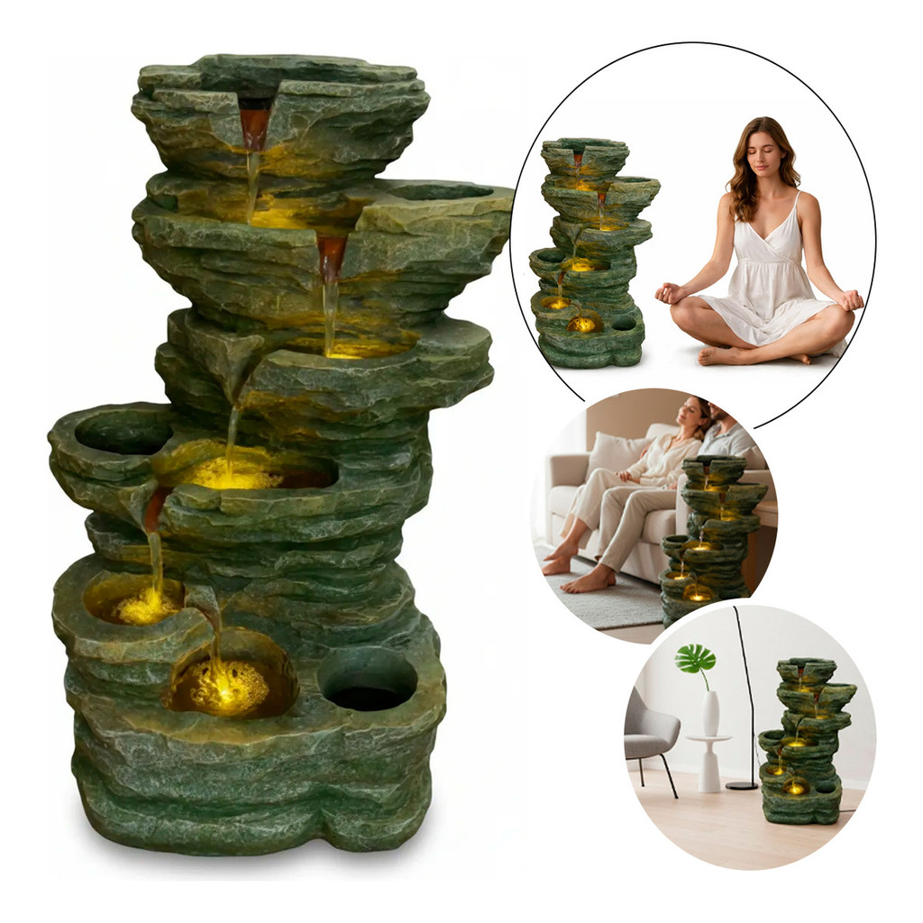 Imagem Fonte De Água Cascata Zen Com Led Relaxante Decorativa Marrom Acinzentado Bivolt