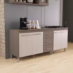 Kit 2 Balcões Modulados Gabinete Pia 120cm e Cooktop 70cm Com Tampo Paris Fidelitá Nogal/Salinas