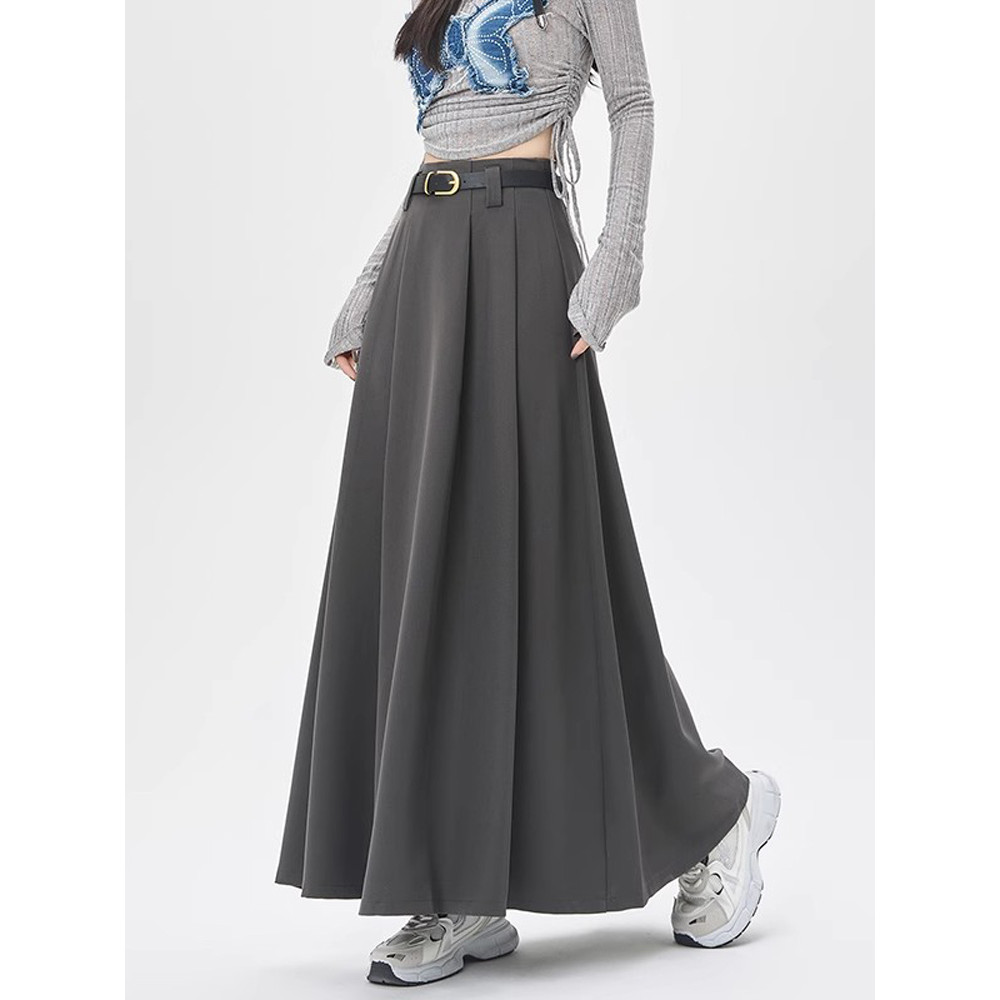 High-End cinza terno saia feminina primavera outono cintura alta saia plissada saia longa cobrindo virilha Drape a linha
