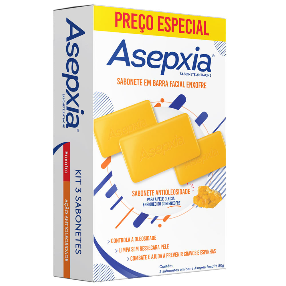 Kit Asepxia Sabonete em Barra Enxofre 80g - 3 Unidades em Oferta na Shopee
