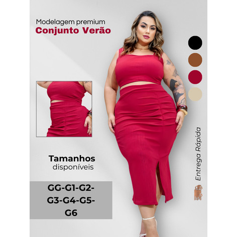 Conjunto Feminino Plus Size Blusa Saia Midi Fenda Casual Elegante Veste GG ao G6 Zero Trânsparência em Oferta na Shopee