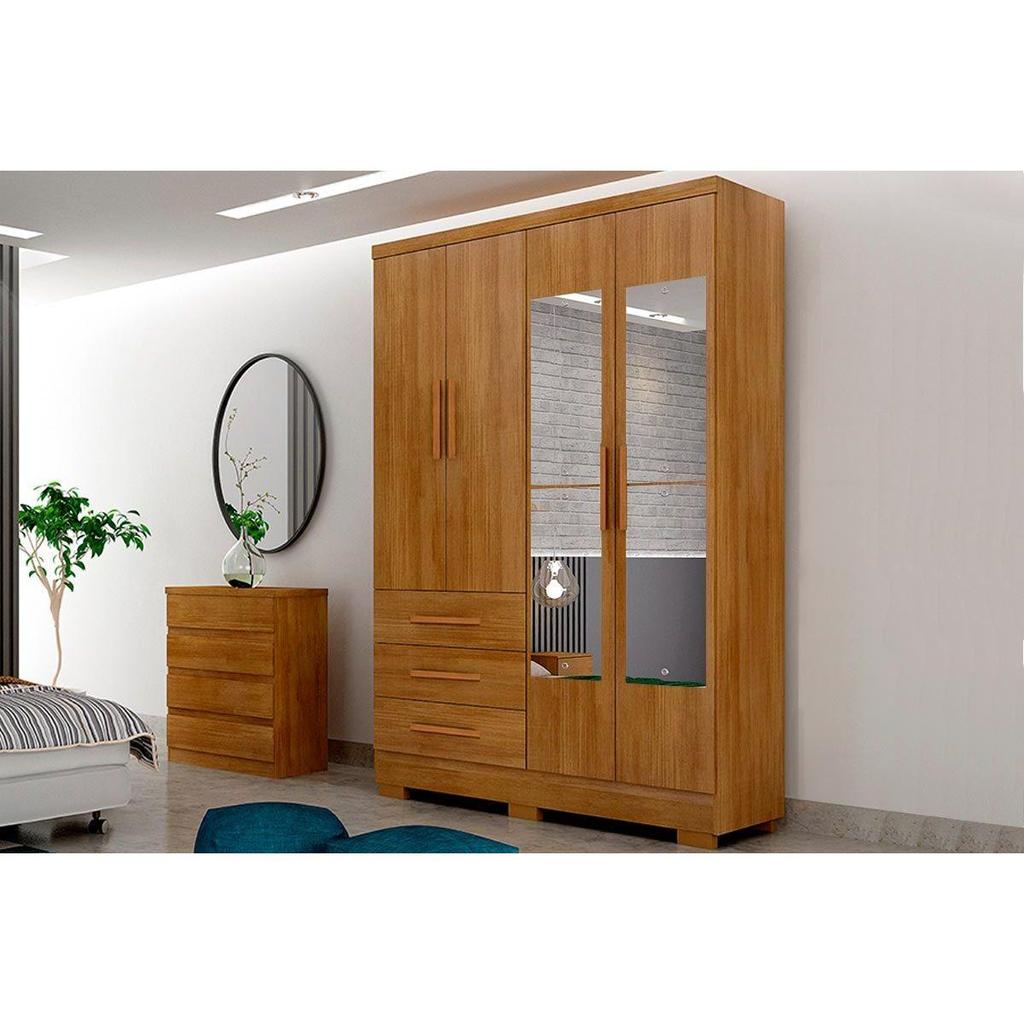 Guarda Roupa Solteiro 4 Portas (2 c/ Espelho) e 3 Gavetas c/ Pés Encanto/Berlim Cumaru - Novo Horizonte em Oferta na Shopee