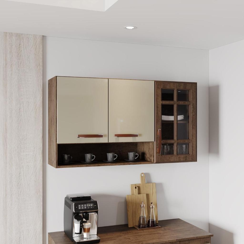 Armário Aéreo Modulado Vazado Com Vidro Fidelitá Lisboa 120cm 3 Portas Noce/Off-White em Oferta na Shopee