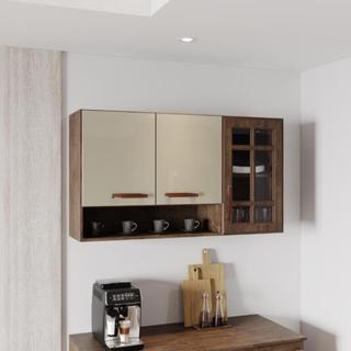 Armário Aéreo Modulado Vazado Com Vidro Fidelitá Lisboa 120cm 3 Portas Noce/Off-White em Oferta na Shopee