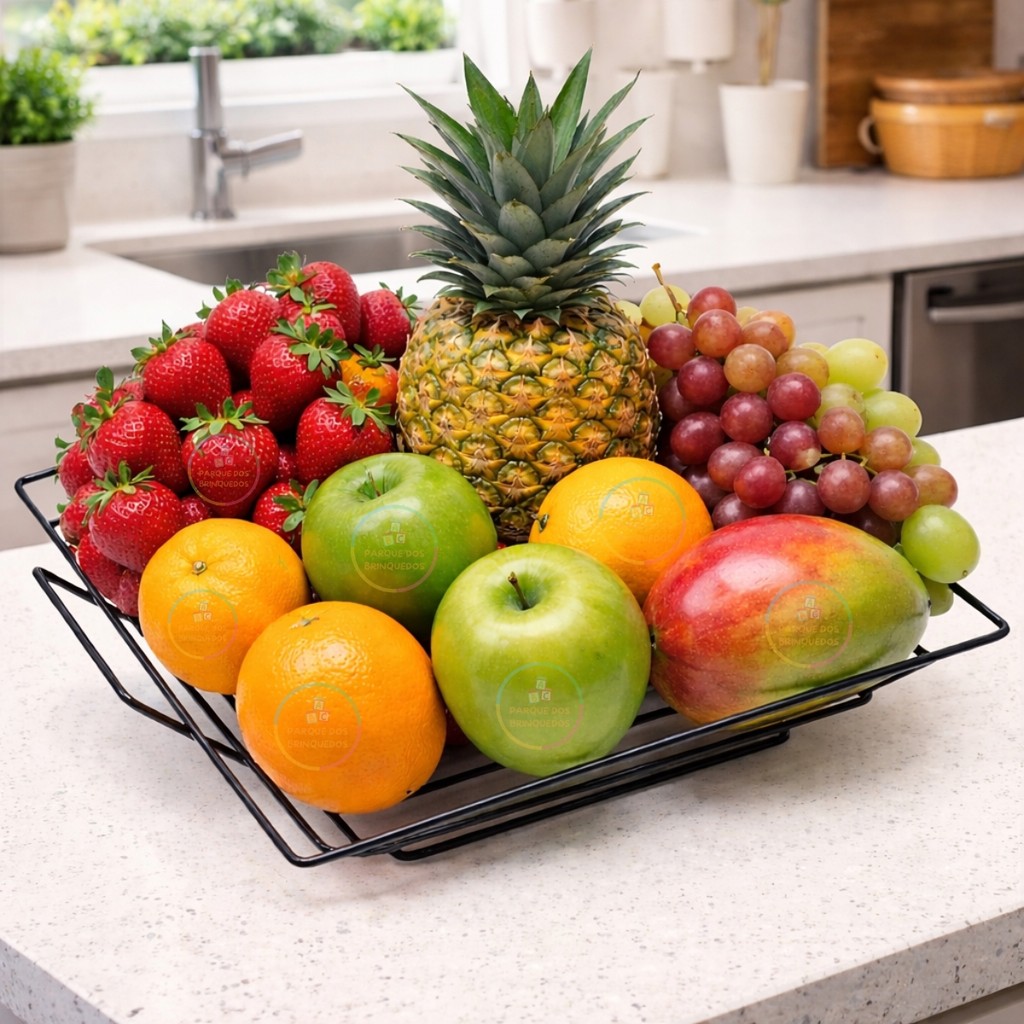Fruteira De Mesa Premium Bancada Cozinha Quadrada Em Aço Preta Organizador Compacta e Resistente Envio Imediato