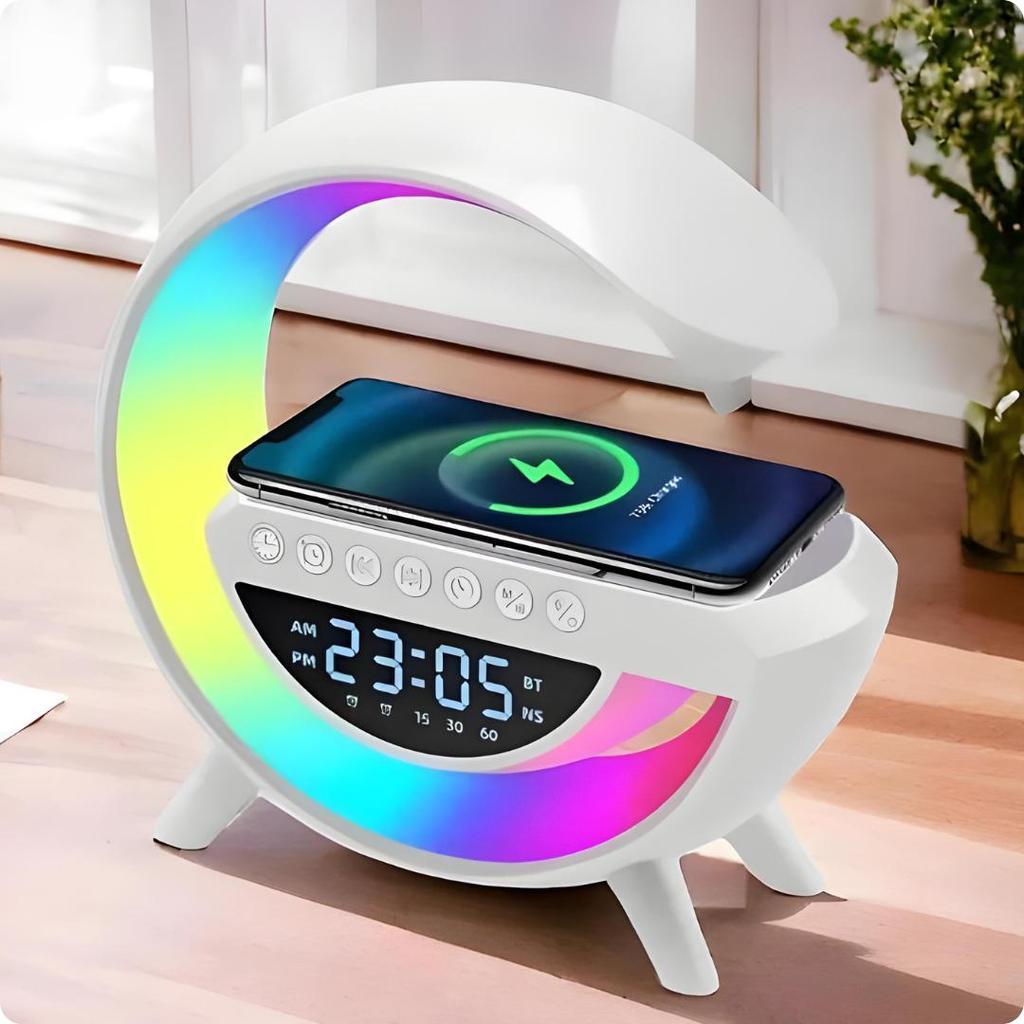 Luminária G Speaker 4 em 1 RGB Bluetooth Carregador Sem Fio LED Smart App