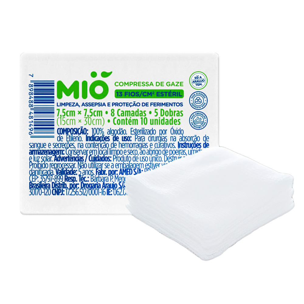 Compressa de Gaze Mió 13 Fios Estéril 7,5cm x 7,5cm com 10 Unidades em Oferta na Shopee