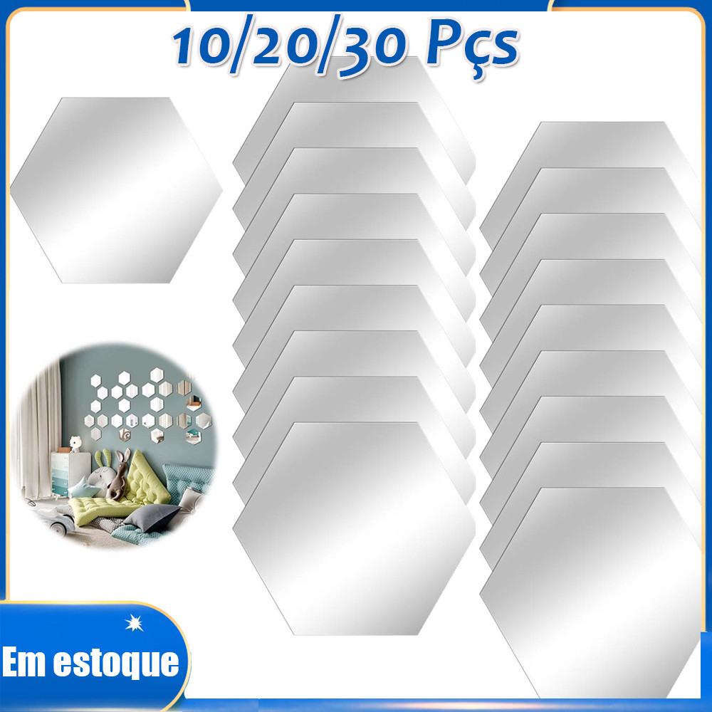 Kit 10/20/30pçs Espelhos Círculos Acrílico Prata Hexágono Decorativo Adesivo para Parede Maquiagem Banheiro Moda 15x13cm
