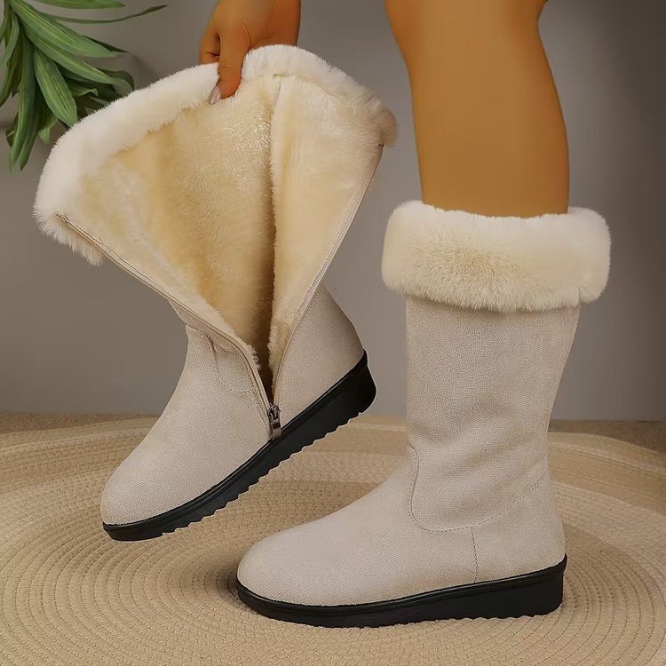 W Inverno All-Match Botas de Neve Sapatos Femininos Plus Veludo Espessado Mid-Tube Martin Botas Salto Cunha Antiderrapan
