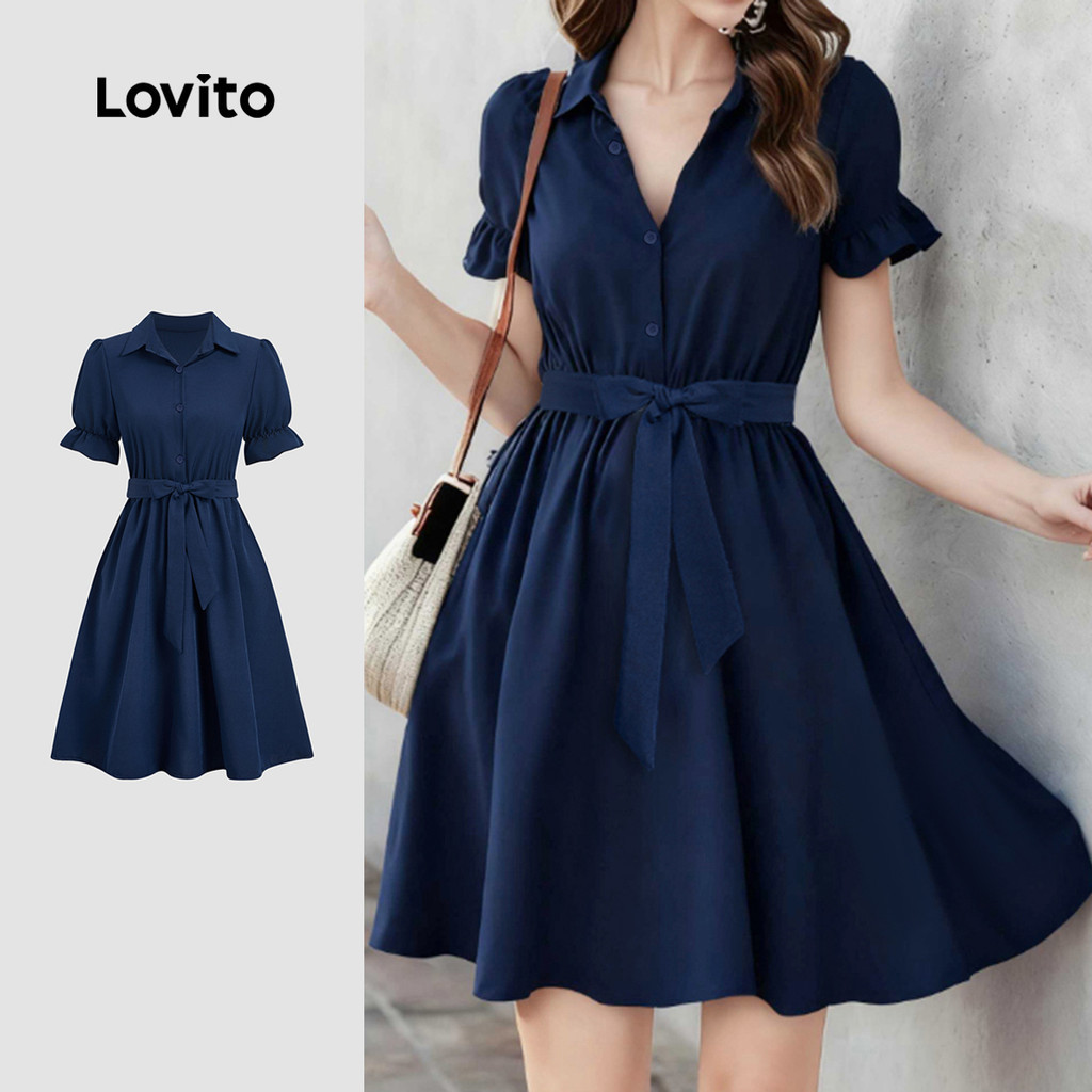 Lovito  Vestido Casual com Botões e Amarração Frontal com Babados Na Bainha Azul Escuro para Mulheres L172ED1015 em Oferta na Shopee