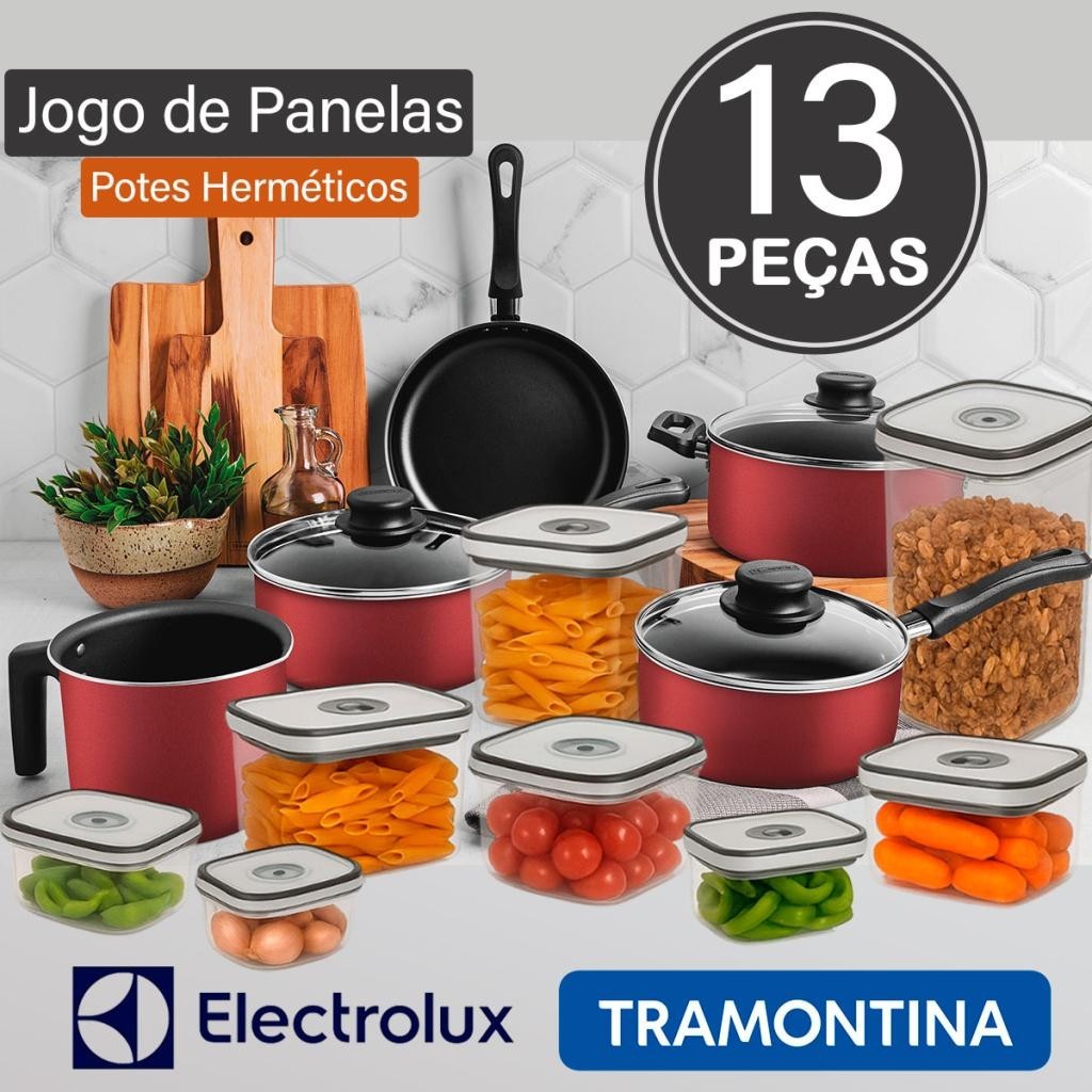 Conjunto de Panelas Tramontina Caribe Vermelho e Pratico Jogo de Potes Herméticos Electrolux 13Pçs em Oferta na Shopee