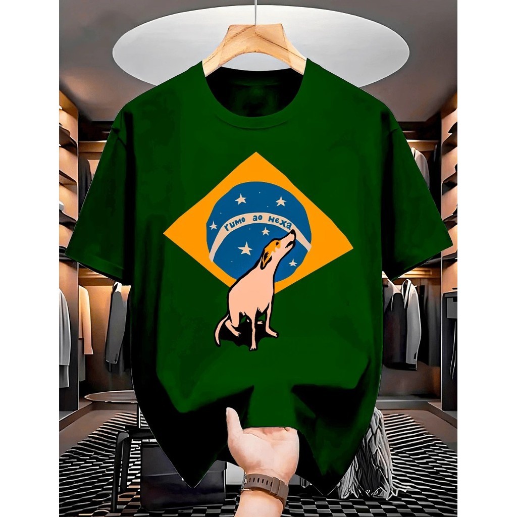 Camiseta Algodão Brasil Rumo ao Hexa Estampada Camisa Torcedor Copa do Mundo, Cachorro Caramelo Jogo