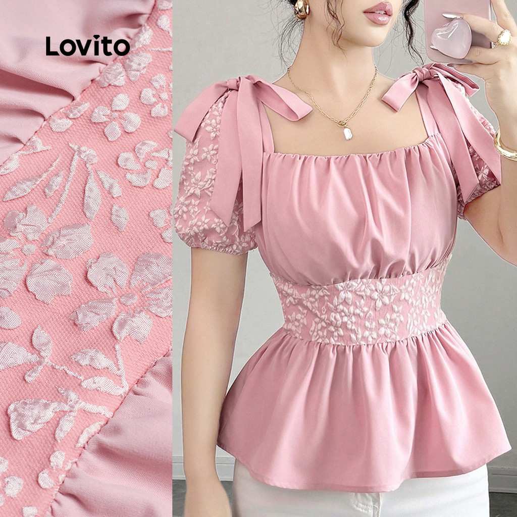 Lovito Blusa Elegante Jacquard com Laço Primavera/verão; Blusa Rosa para mulheres L158ED515 em Oferta na Shopee