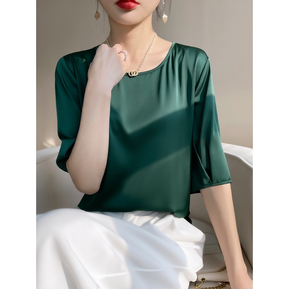 Moda cetim pequena camisa acetato simulação camisa de seda feminina verão manga curta camiseta colete branco cetim seda