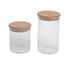 Kit 2 Potes Vidro Herméticos Para Mantimentos Canelado com Tampa de Bambu - Oikos