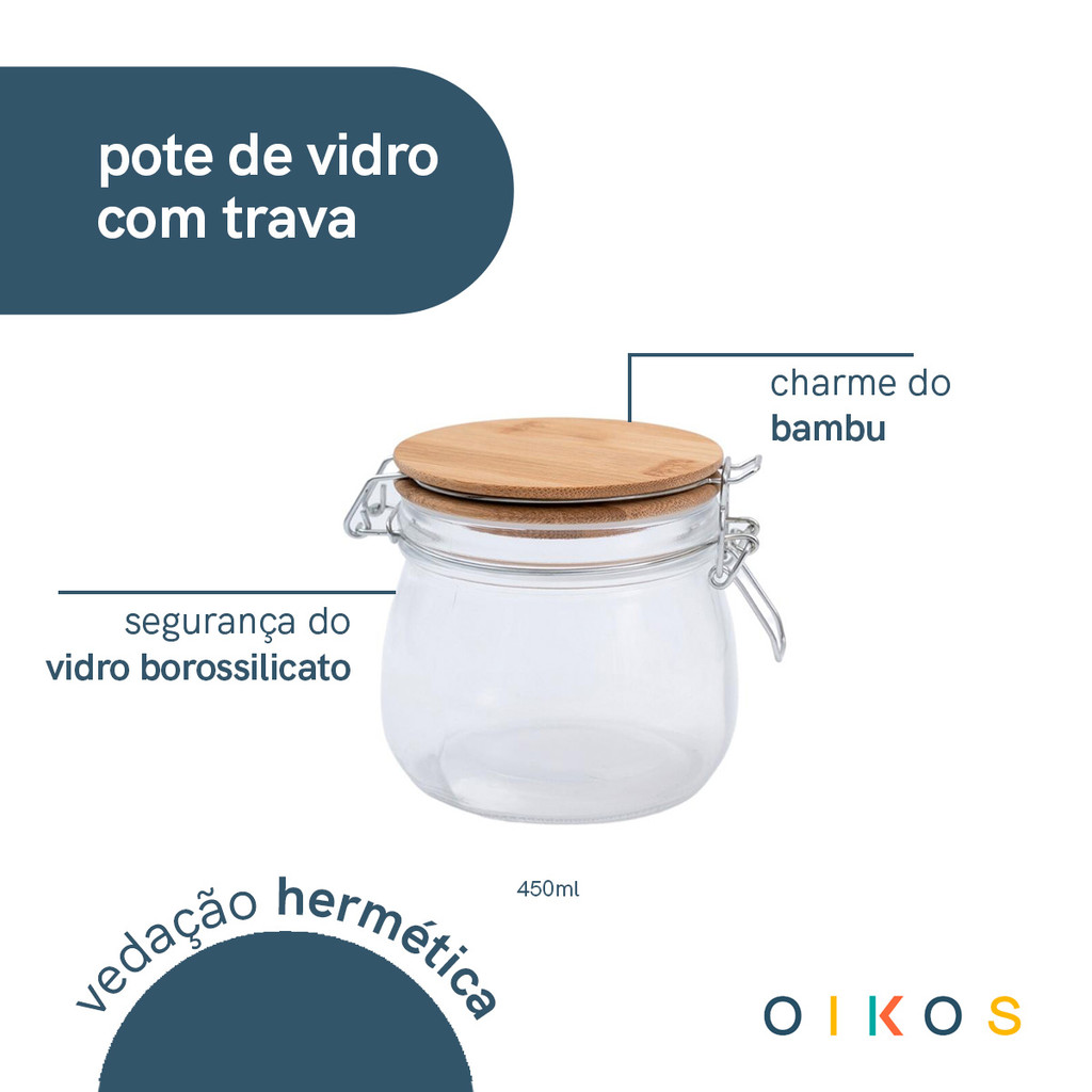 Pote de vidro 450ml com tampa de bambu e trava - oikos — imagem 2 de 2