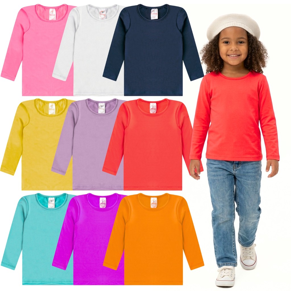 Kit 3 Blusas Térmicas Infantil Menina Manga Longa Segunda Pele Forrada Inverno Feminino